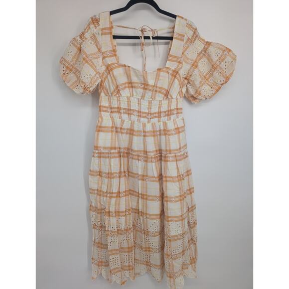 NWT Anthropologie Puff-Sleeve Eyelet Midi Dress Size MP Petites Yellow #7C457 - Picture 2 of 10